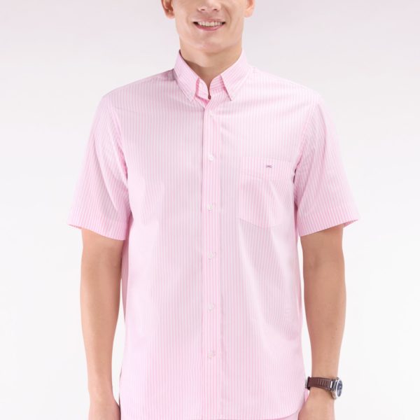 Chemise À Manches Courtes En Coton Rayé Rose Coupe Droite Eden Park