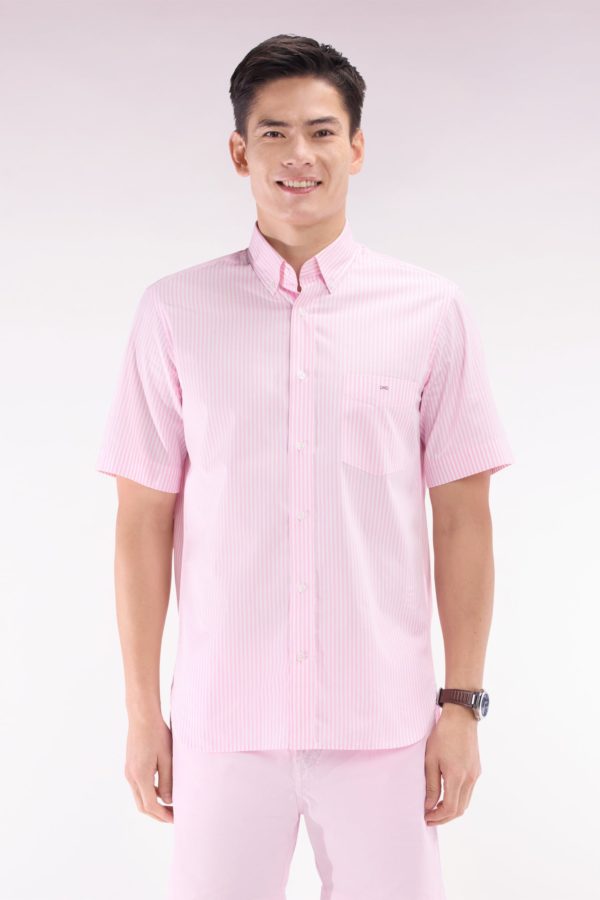 Chemise À Manches Courtes En Coton Rayé Rose Coupe Droite Eden Park