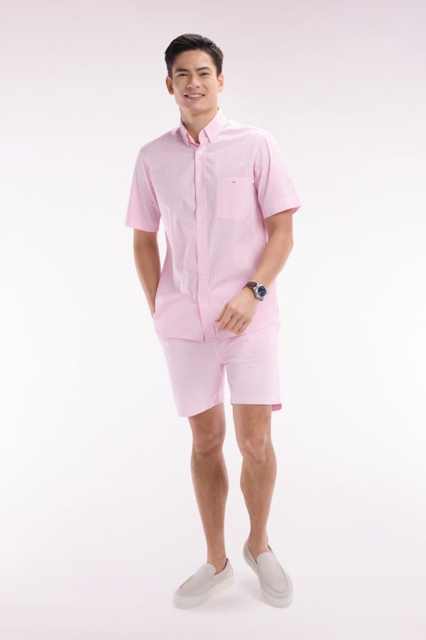 Chemise À Manches Courtes En Coton Rayé Rose Coupe Droite Eden Park – Image 2
