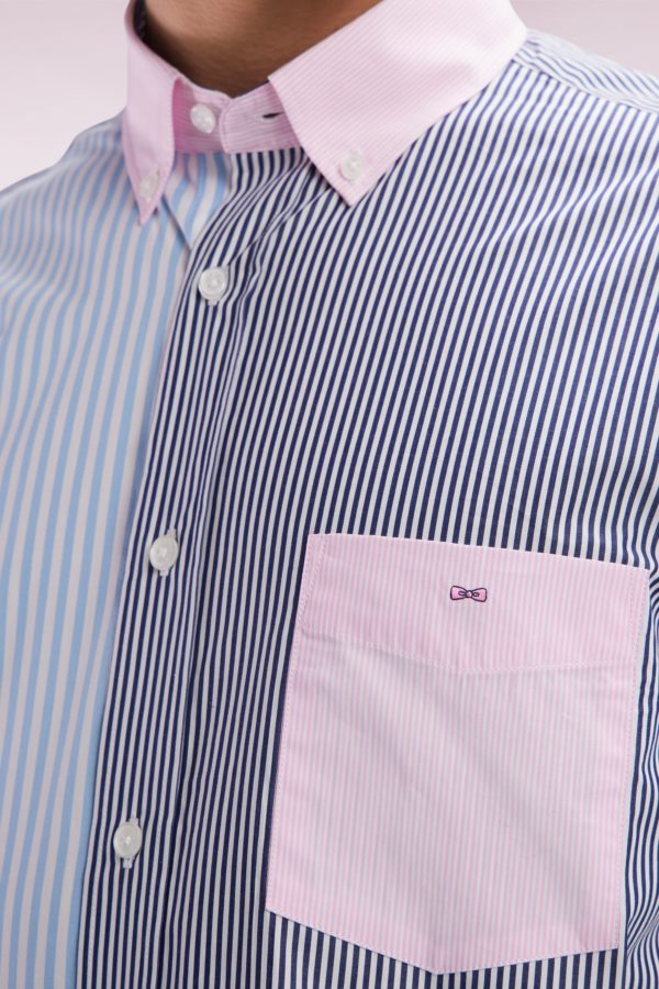 Chemise À Manches Courtes Rayée En Coton Ciel Rose Et Marine Coupe Droite Eden Park – Image 4