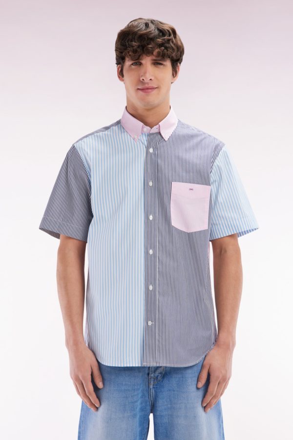 Chemise À Manches Courtes Rayée En Coton Ciel Rose Et Marine Coupe Droite Eden Park