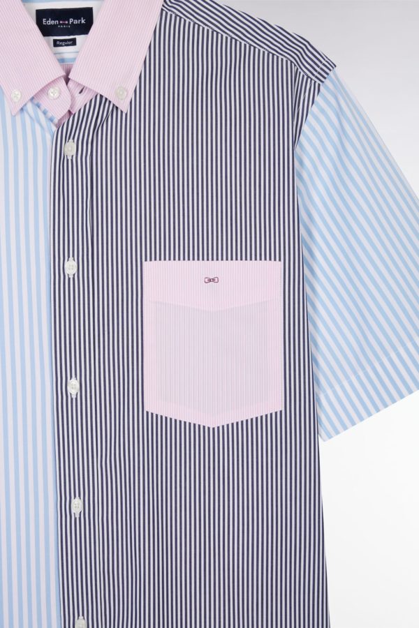 Chemise À Manches Courtes Rayée En Coton Ciel Rose Et Marine Coupe Droite Eden Park – Image 5