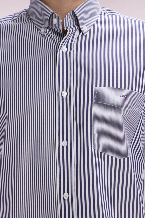 Chemise À Manches Courtes En Popeline De Coton Rayée Bleu Foncé Coupe Droite Eden Park – Image 4
