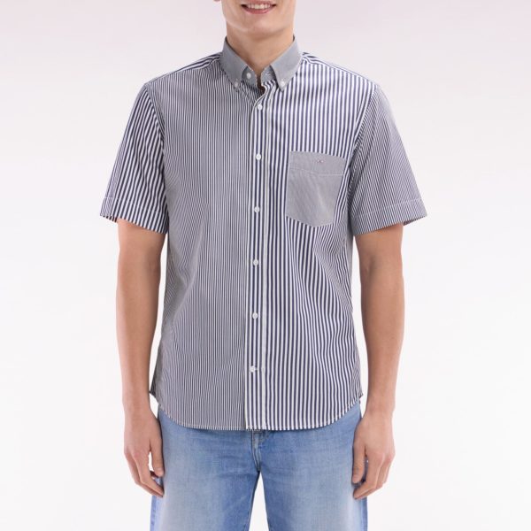 Chemise À Manches Courtes En Popeline De Coton Rayée Bleu Foncé Coupe Droite Eden Park