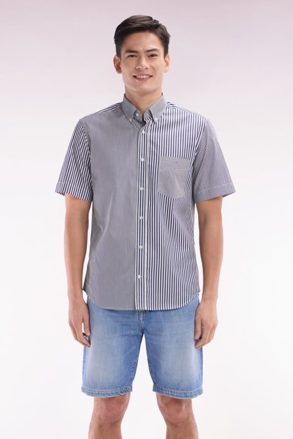 Chemise À Manches Courtes En Popeline De Coton Rayée Bleu Foncé Coupe Droite Eden Park