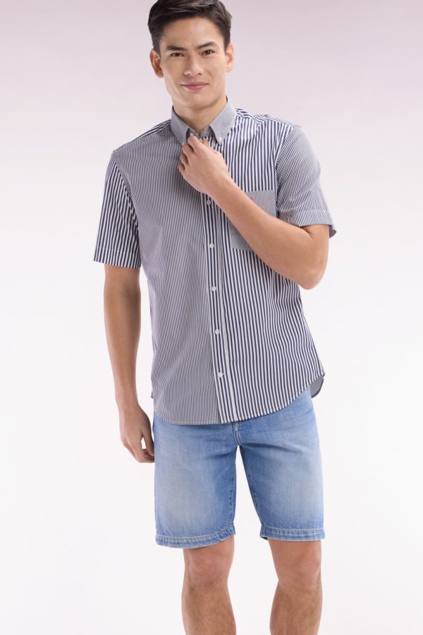 Chemise À Manches Courtes En Popeline De Coton Rayée Bleu Foncé Coupe Droite Eden Park – Image 2