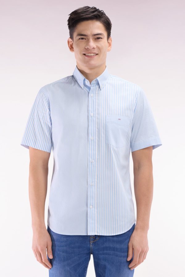 Chemise À Manches Courtes En Popeline De Coton Rayée Ciel Coupe Droite Eden Park