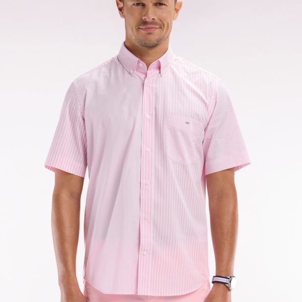 Chemise À Manches Courtes En Popeline De Coton Rayée Rose Coupe Droite Eden Park