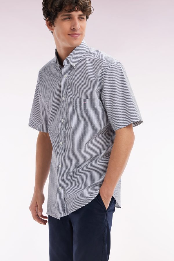 Chemise À Manches Courtes En Coton Tissage Jacquard Rayé Bleu Foncé Coupe Droite Eden Park – Image 2