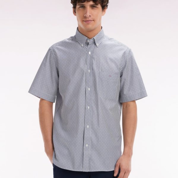 Chemise À Manches Courtes En Coton Tissage Jacquard Rayé Bleu Foncé Coupe Droite Eden Park