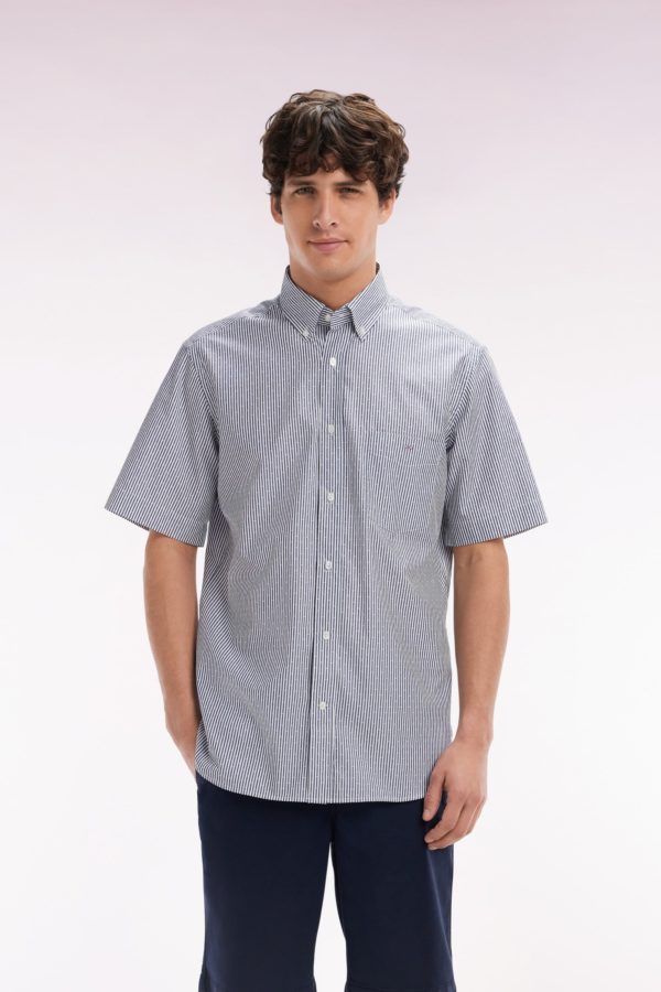 Chemise À Manches Courtes En Coton Tissage Jacquard Rayé Bleu Foncé Coupe Droite Eden Park