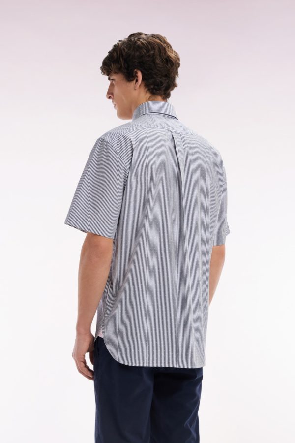 Chemise À Manches Courtes En Coton Tissage Jacquard Rayé Bleu Foncé Coupe Droite Eden Park – Image 3