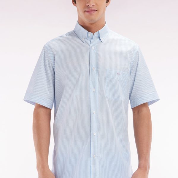 Chemise À Manches Courtes En Coton Tissage Jacquard Rayé Ciel Coupe Droite Eden Park