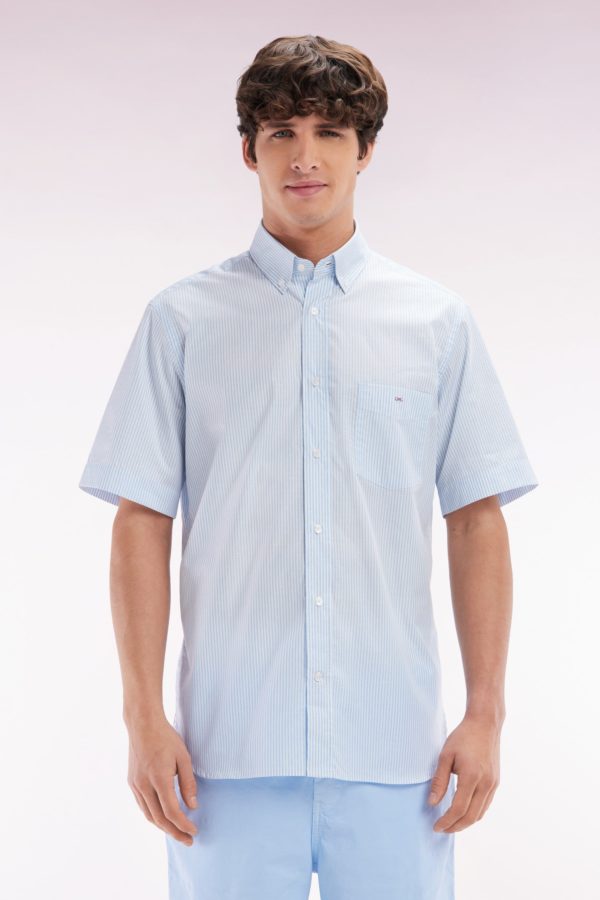 Chemise À Manches Courtes En Coton Tissage Jacquard Rayé Ciel Coupe Droite Eden Park