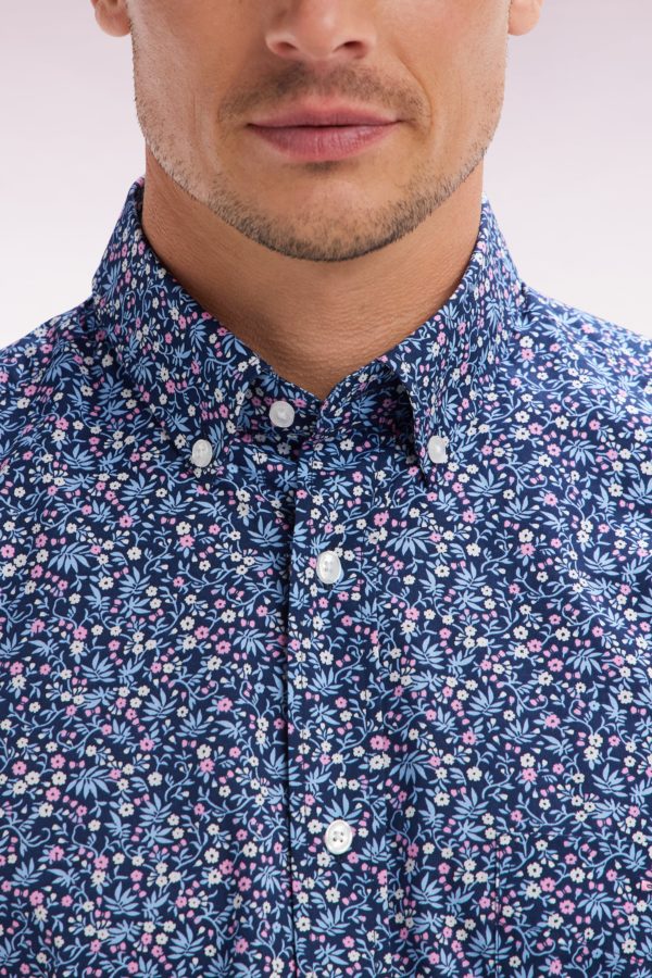 Chemise À Manches Courtes En Coton Marine Microimprimé Fleurs Coupe Droite Eden Park – Image 4