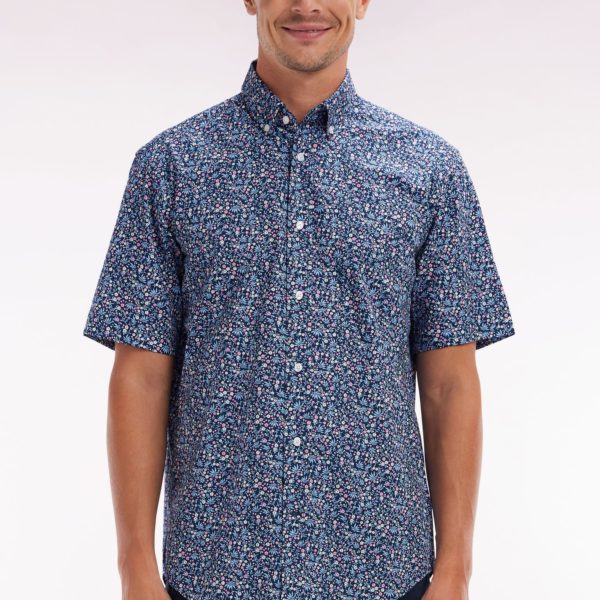 Chemise À Manches Courtes En Coton Marine Microimprimé Fleurs Coupe Droite Eden Park