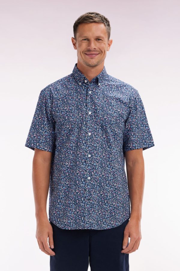 Chemise À Manches Courtes En Coton Marine Microimprimé Fleurs Coupe Droite Eden Park