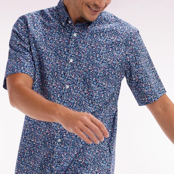 Chemise À Manches Courtes En Coton Marine Microimprimé Fleurs Coupe Droite Eden Park
