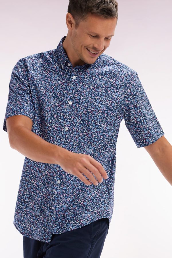Chemise À Manches Courtes En Coton Marine Microimprimé Fleurs Coupe Droite Eden Park – Image 2