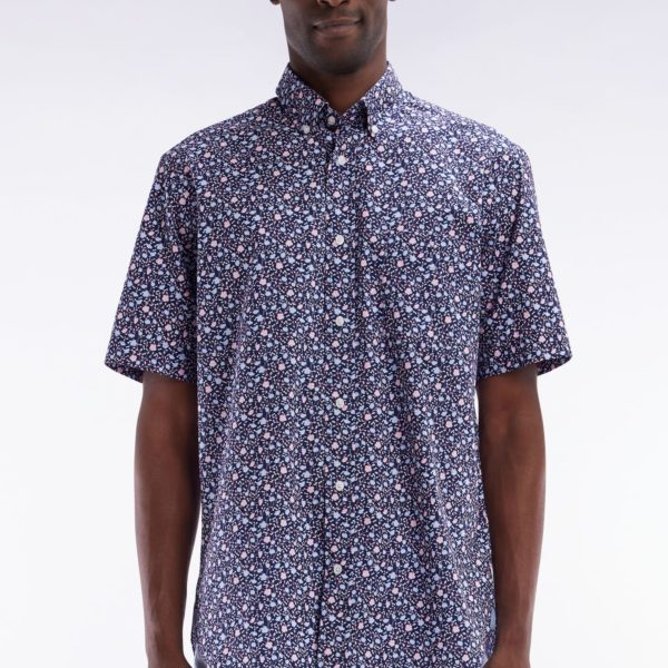 Chemise À Manches Courtes En Popeline De Coton Marine Imprimé Floral Rose Coupe Droite Eden Park