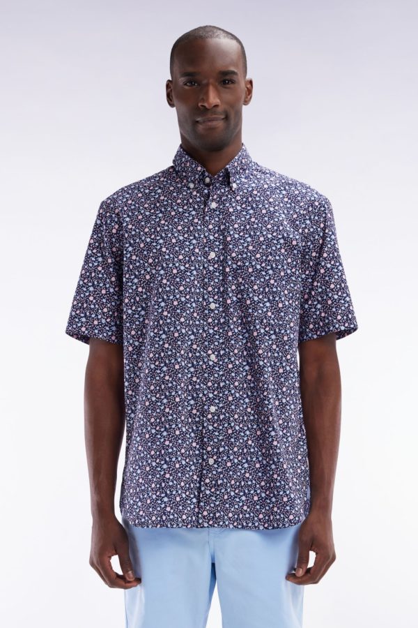 Chemise À Manches Courtes En Popeline De Coton Marine Imprimé Floral Rose Coupe Droite Eden Park