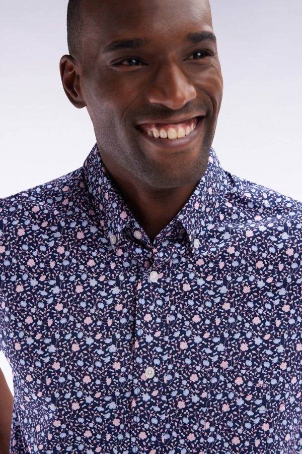 Chemise À Manches Courtes En Popeline De Coton Marine Imprimé Floral Rose Coupe Droite Eden Park – Image 4