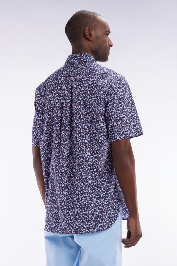 Chemise À Manches Courtes En Popeline De Coton Marine Imprimé Floral Rose Coupe Droite Eden Park – Image 3