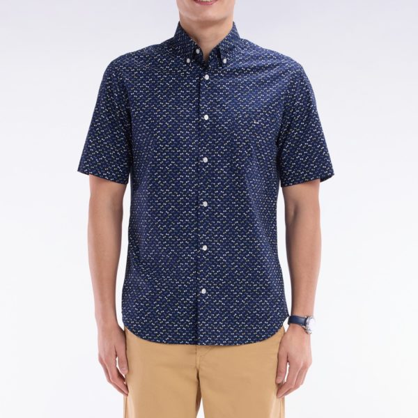 Chemise À Manches Courtes En Popeline De Coton Gris Foncé Imprimé Nœud Papillon Multicolore Coupe Droite Eden Park