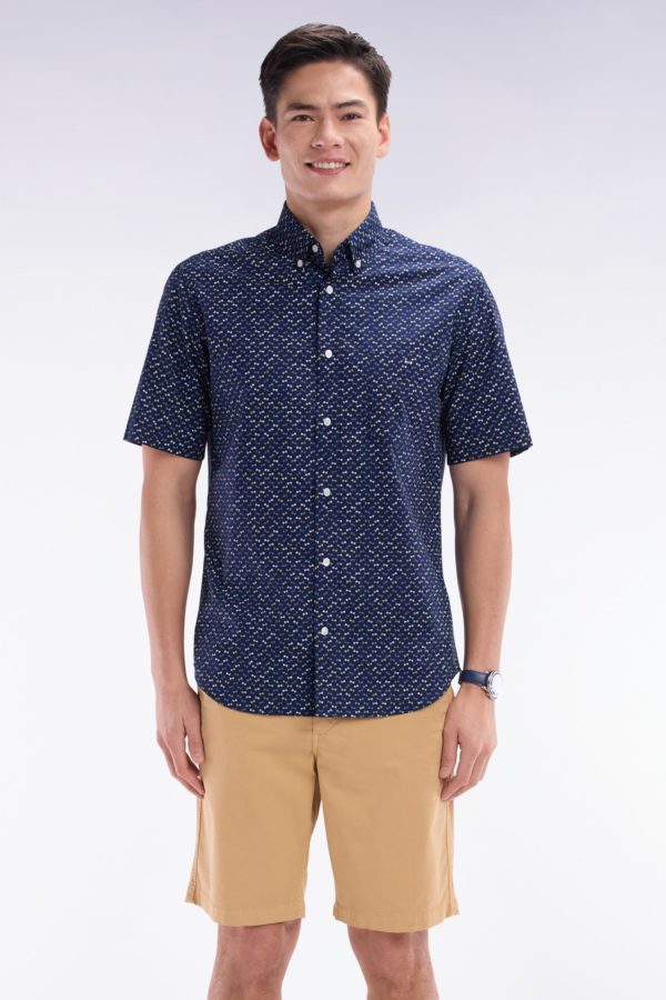 Chemise À Manches Courtes En Popeline De Coton Gris Foncé Imprimé Nœud Papillon Multicolore Coupe Droite Eden Park