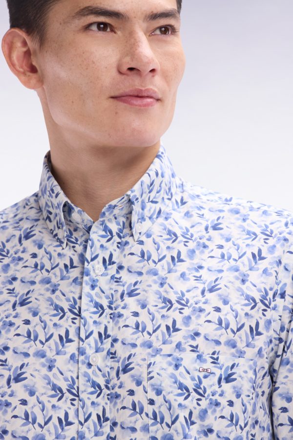 Chemise À Manches Courtes En Popeline De Coton Bleue Imprimé Végétal Coupe Droite Eden Park – Image 4
