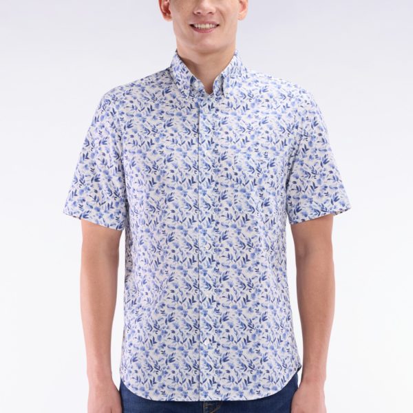 Chemise À Manches Courtes En Popeline De Coton Bleue Imprimé Végétal Coupe Droite Eden Park