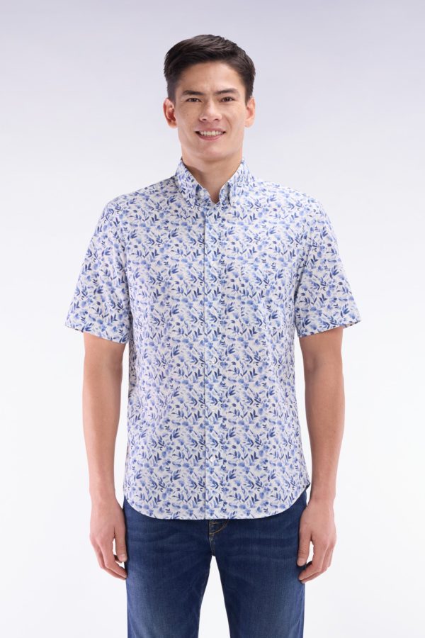 Chemise À Manches Courtes En Popeline De Coton Bleue Imprimé Végétal Coupe Droite Eden Park