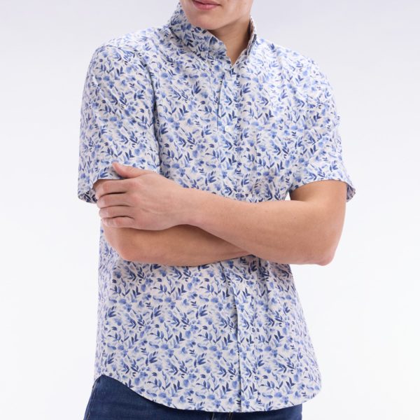 Chemise À Manches Courtes En Popeline De Coton Bleue Imprimé Végétal Coupe Droite Eden Park