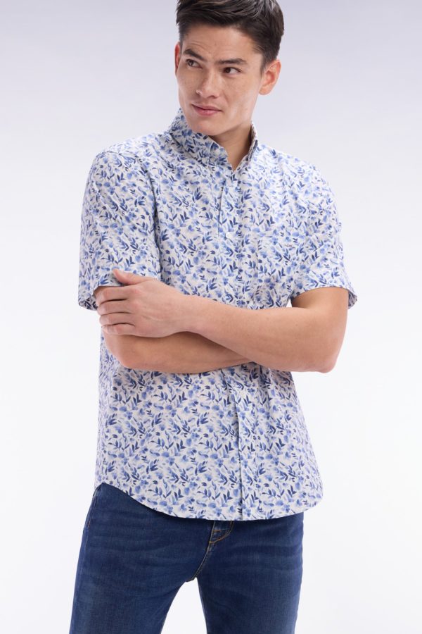 Chemise À Manches Courtes En Popeline De Coton Bleue Imprimé Végétal Coupe Droite Eden Park – Image 2