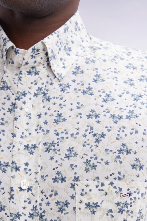 Chemise À Manches Courtes En Popeline De Coton Écrue Imprimé Floral Bleu Gris Coupe Droite Eden Park – Image 4