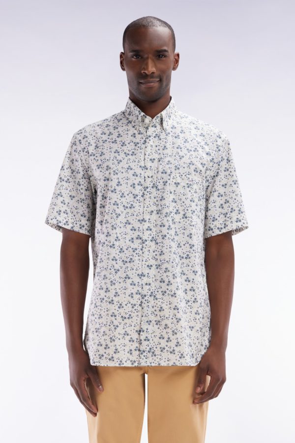Chemise À Manches Courtes En Popeline De Coton Écrue Imprimé Floral Bleu Gris Coupe Droite Eden Park