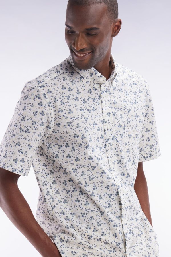 Chemise À Manches Courtes En Popeline De Coton Écrue Imprimé Floral Bleu Gris Coupe Droite Eden Park – Image 2