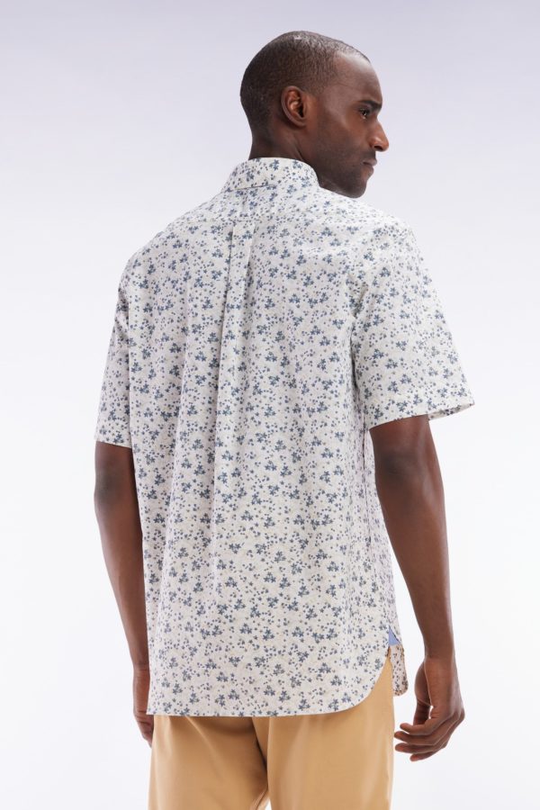 Chemise À Manches Courtes En Popeline De Coton Écrue Imprimé Floral Bleu Gris Coupe Droite Eden Park – Image 3