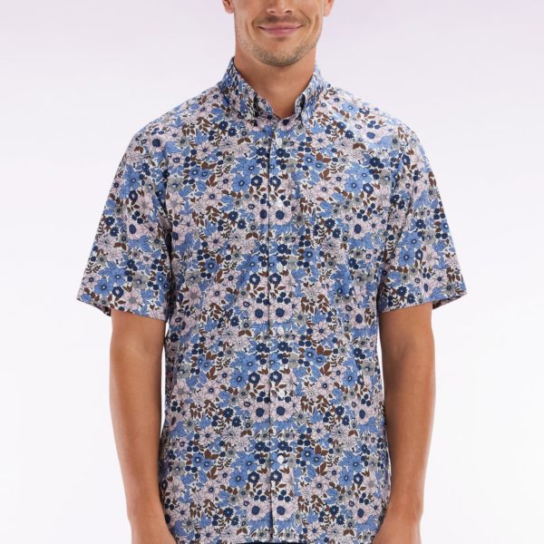 Chemise À Manches Courtes En Popeline De Coton Bleue Imprimé Floral Coupe Droite Eden Park