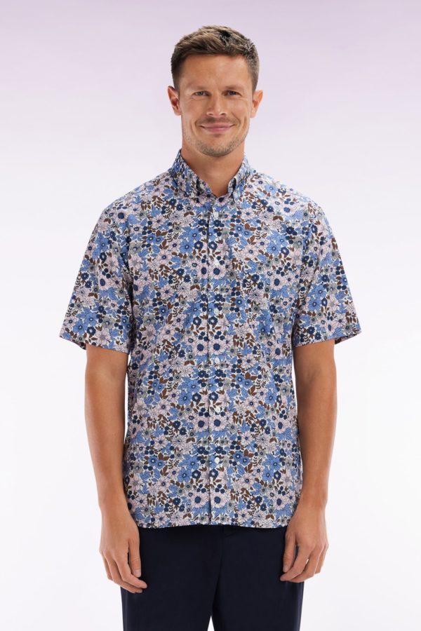 Chemise À Manches Courtes En Popeline De Coton Bleue Imprimé Floral Coupe Droite Eden Park