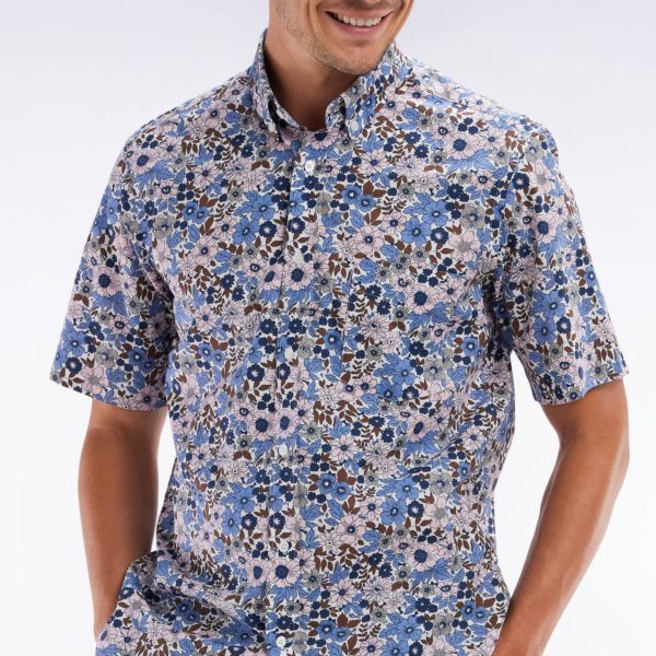 Chemise À Manches Courtes En Popeline De Coton Bleue Imprimé Floral Coupe Droite Eden Park
