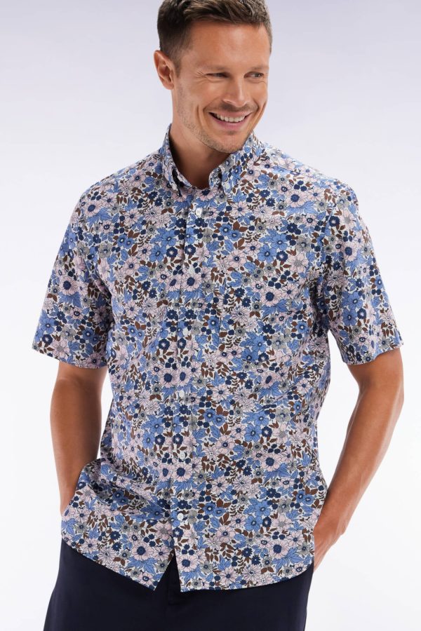 Chemise À Manches Courtes En Popeline De Coton Bleue Imprimé Floral Coupe Droite Eden Park – Image 2