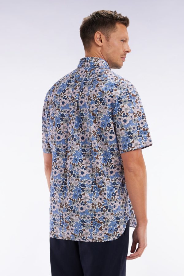 Chemise À Manches Courtes En Popeline De Coton Bleue Imprimé Floral Coupe Droite Eden Park – Image 3