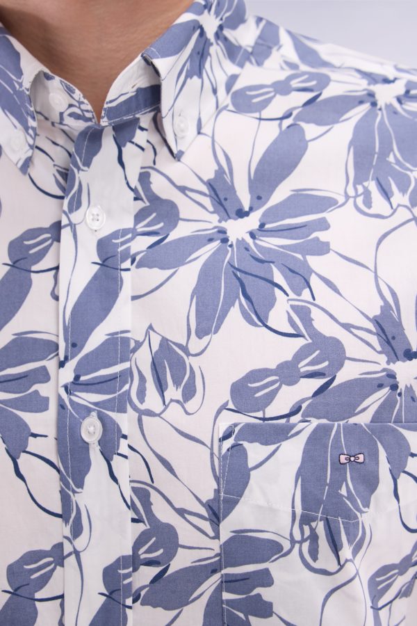 Chemise À Manches Courtes En Popeline De Coton Blanche Imprimé Fleurs Bleu Coupe Droite Eden Park – Image 4