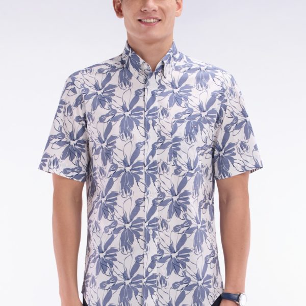 Chemise À Manches Courtes En Popeline De Coton Blanche Imprimé Fleurs Bleu Coupe Droite Eden Park