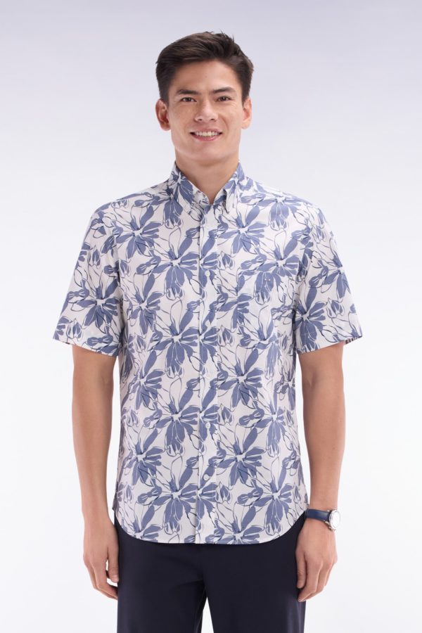 Chemise À Manches Courtes En Popeline De Coton Blanche Imprimé Fleurs Bleu Coupe Droite Eden Park