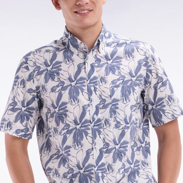 Chemise À Manches Courtes En Popeline De Coton Blanche Imprimé Fleurs Bleu Coupe Droite Eden Park