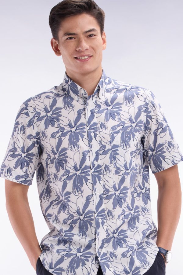 Chemise À Manches Courtes En Popeline De Coton Blanche Imprimé Fleurs Bleu Coupe Droite Eden Park – Image 2
