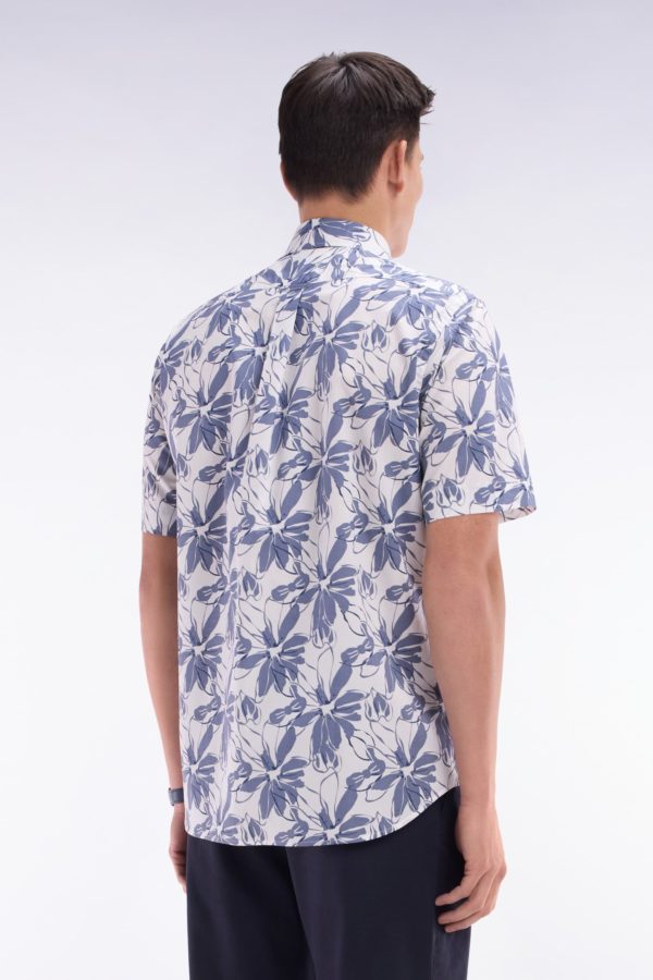 Chemise À Manches Courtes En Popeline De Coton Blanche Imprimé Fleurs Bleu Coupe Droite Eden Park – Image 3