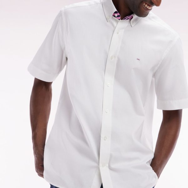 Chemise À Manches Courtes En Coton Blanc Broderie Dos Rose Coupe Droite Eden Park